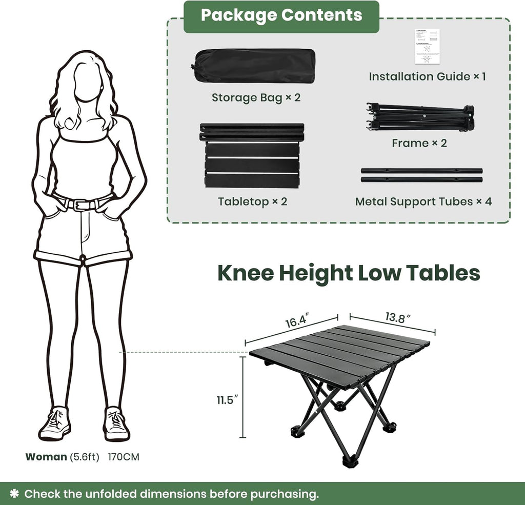 2 Pack Portable Camping Table Foldable, Ultralight Small Folding Beach Table with Carry Bag for Outdoor Travel, Beach, Camp, 