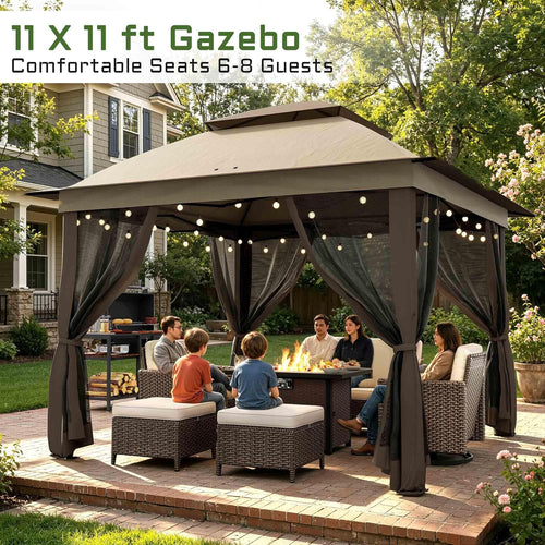 11'X11' Gazebo Pop Up with 4 Sidewalls Mosquito Netting, Heavy Duty Patio Gazebo Canopy Tent with Double Air Roofs for Backya
