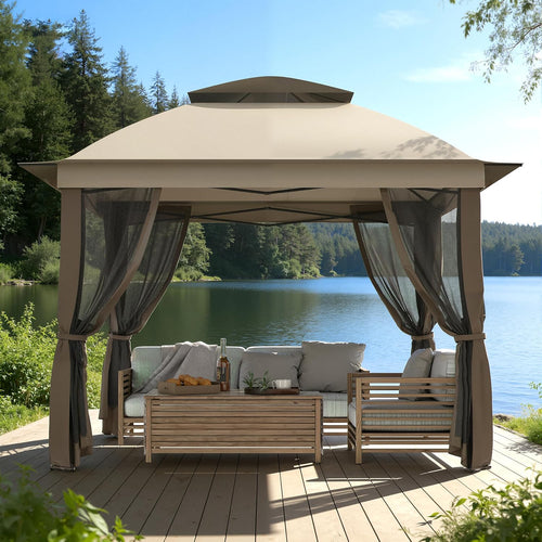 11'X11' Gazebo Pop Up with 4 Sidewalls Mosquito Netting, Heavy Duty Patio Gazebo Canopy Tent with Double Air Roofs for Backya